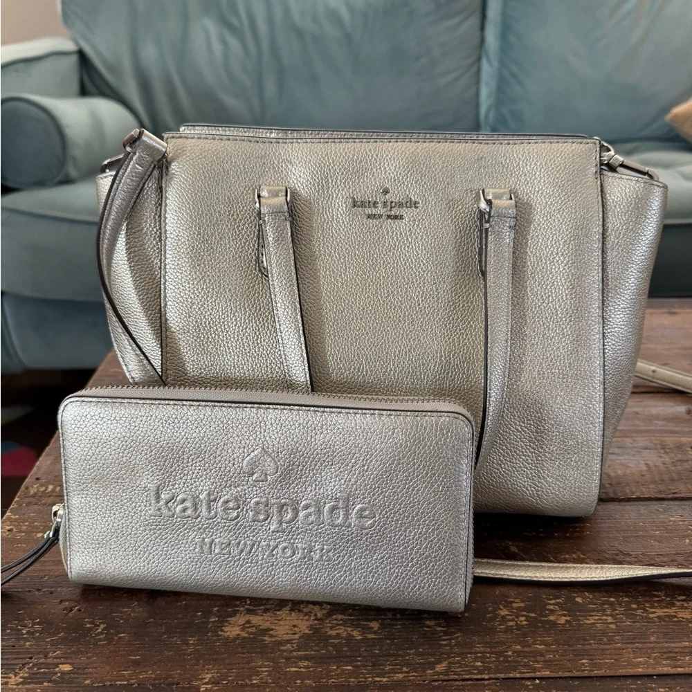 Kate Spade Metallic Jackson Leather Medium Satchel Crossbody Bag AND Wallet